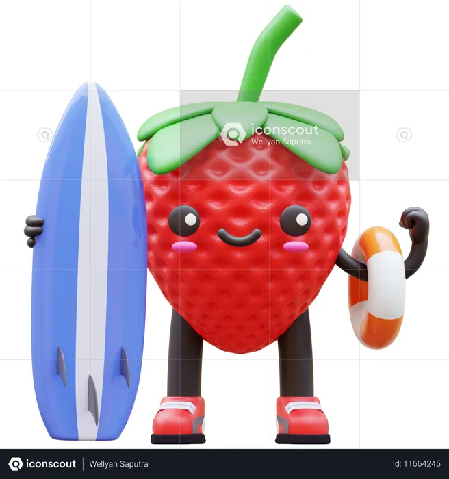 Strawberry Cartoon Ready For Surfing Adventure  3D Illustration