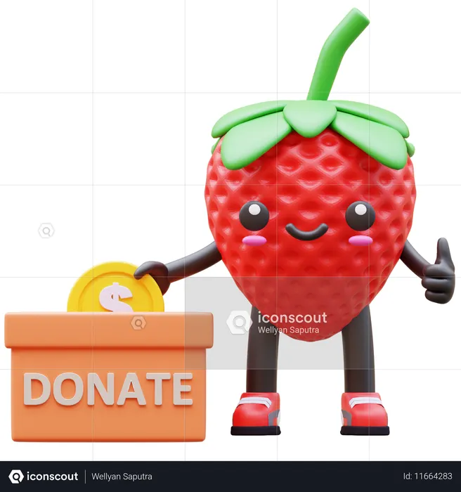 Strawberry Donating Coin Into Donation Box  3D Illustration