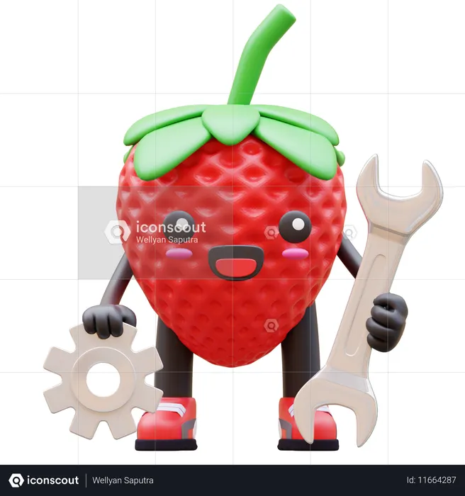 Strawberry Fixing Gears And Wrench  3D Illustration