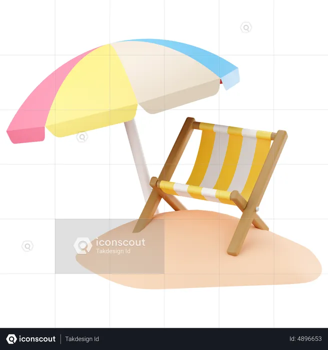 Striped beach chair with beach umbrella  3D Icon