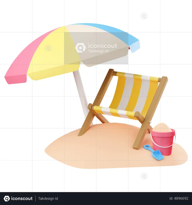 Striped beach chair with beach umbrella  3D Icon
