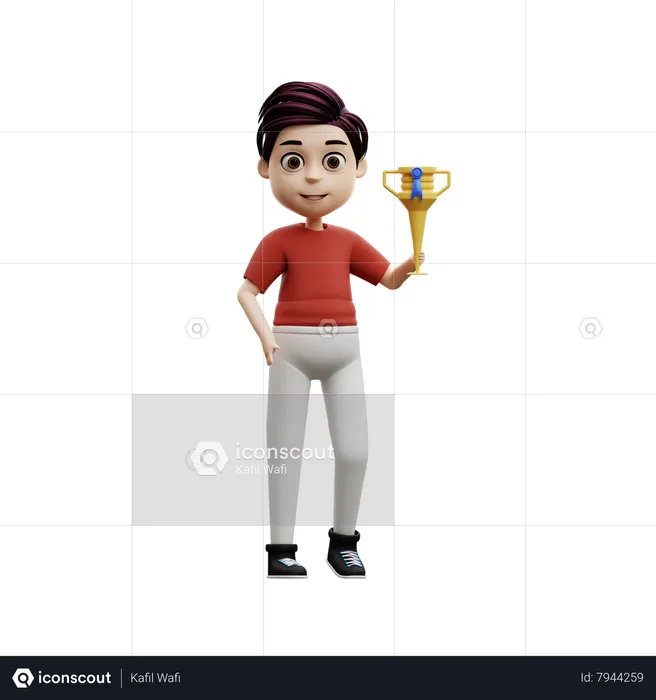 Student Boy Holding A Trophy  3D Illustration