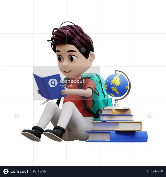 Student Boy Reading A Book  3D Illustration