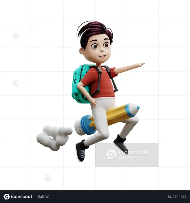 Student Boy Riding A Pencil Rocket  3D Illustration