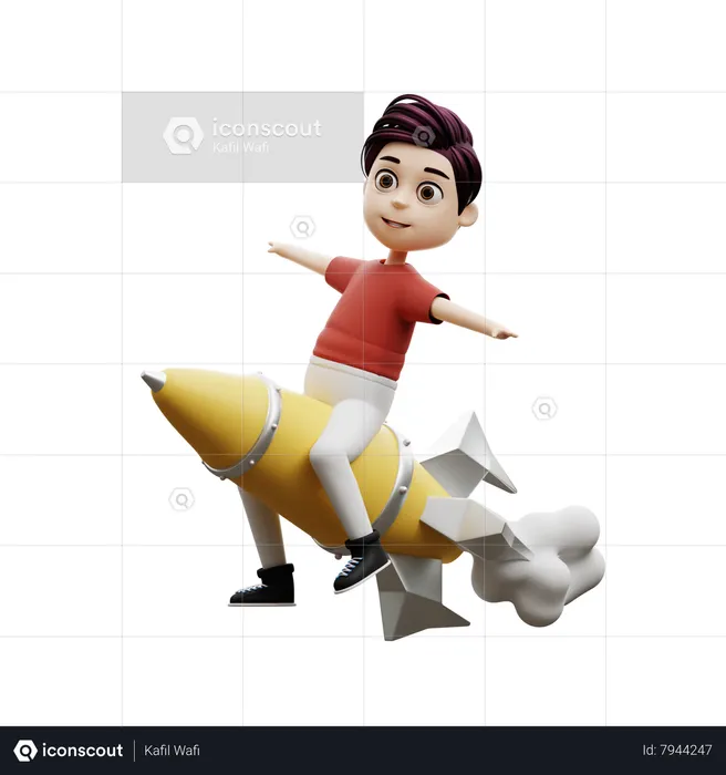 Student Boy Riding A Rocket  3D Illustration