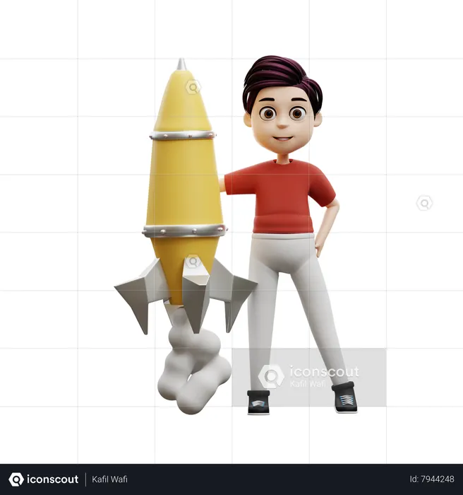 Student Boy Riding A Rocket  3D Illustration