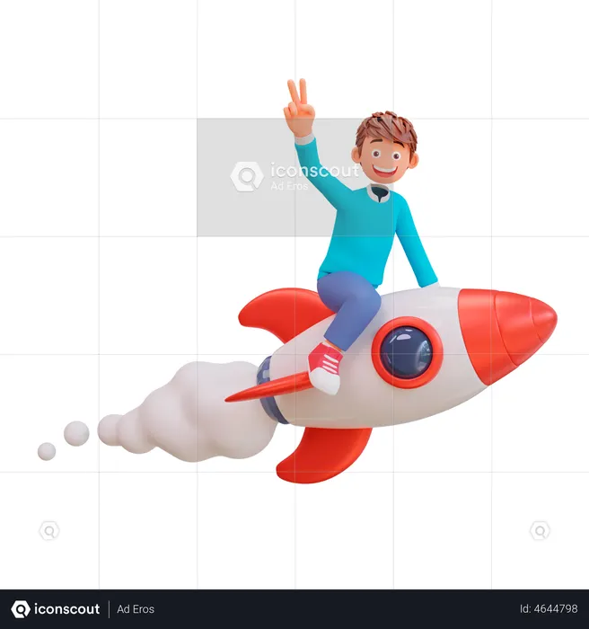 Student flying on a rocket  3D Illustration