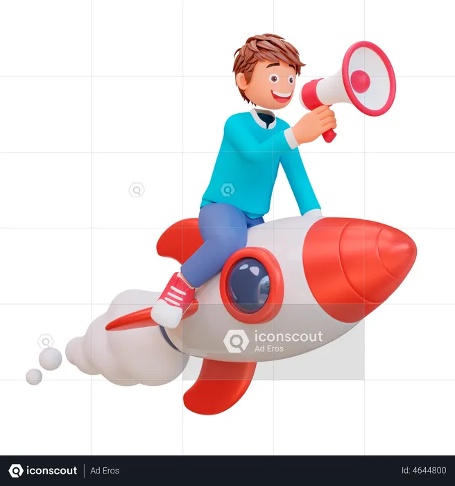 Student flying on rocket  3D Illustration