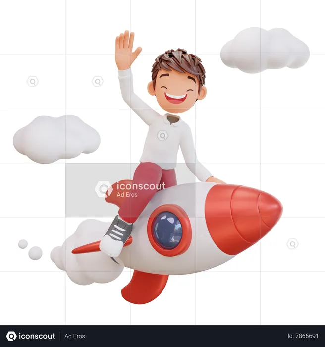 Student flying on rocket  3D Illustration