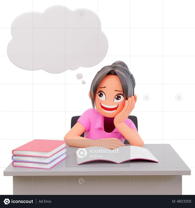 Student girl thinking something while study on desk  3D Illustration