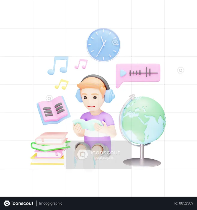 Student is learning and playing songs on headphones  3D Illustration