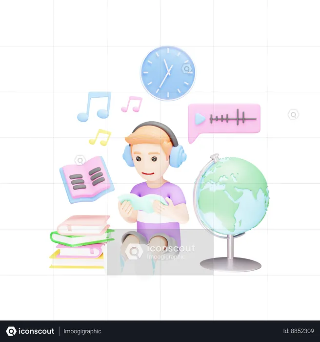 Student is learning and playing songs on headphones  3D Icon