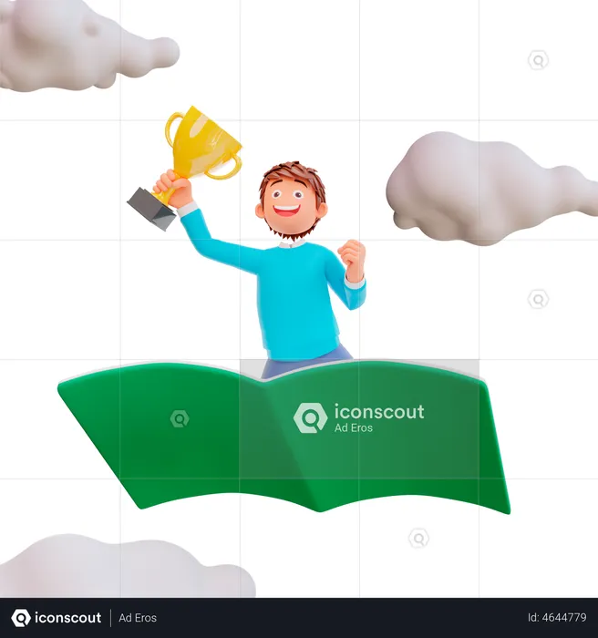 Student riding a book holding a trophy  3D Illustration