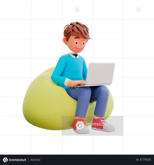 Student studying on laptop while sitting on bean bag  3D Illustration