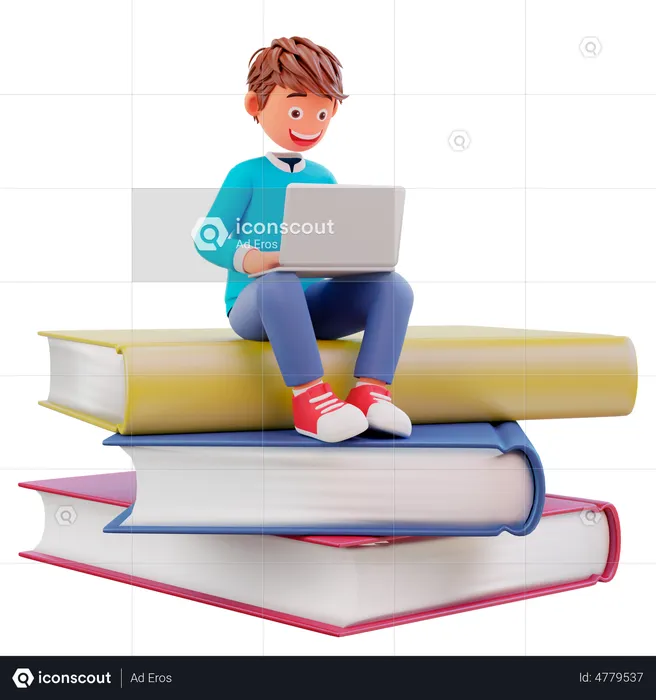 Student studying on laptop while sitting on big books  3D Illustration