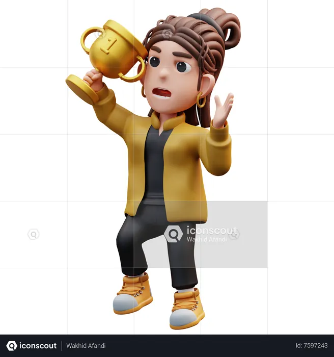Stylist Girl Jumping Happily Holding Trophy  3D Illustration