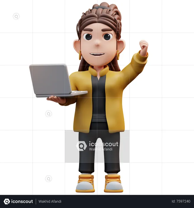 Stylist Girl Standing Happily And Holding Laptop  3D Illustration