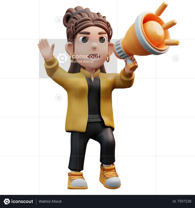 Stylist Girl Standing Holding Megaphone Promotion  3D Illustration