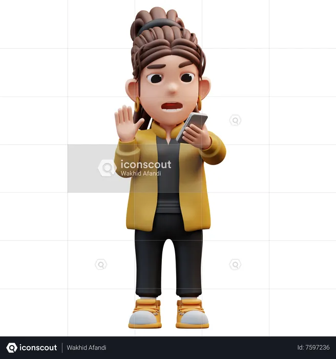 Stylist Girl Standing Surprised Holding A Cell Phone  3D Illustration