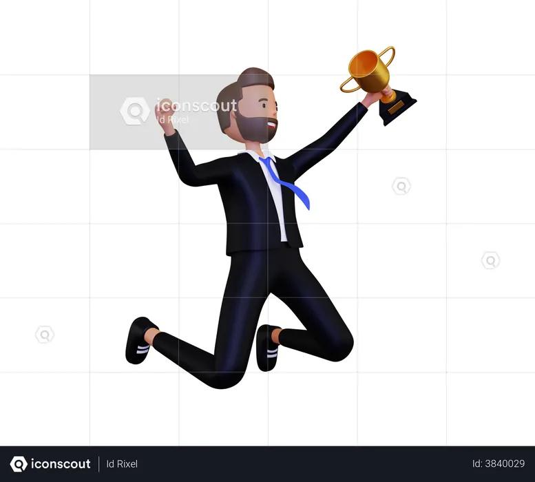 Successful Businessman Celebration With trophy  3D Illustration