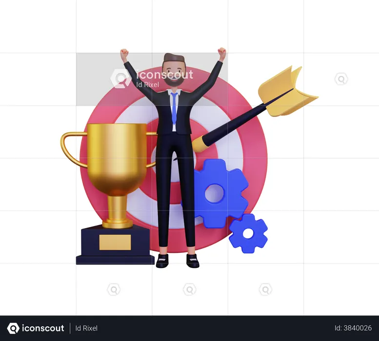 Successful Businessman With Gold Trophy  3D Icon