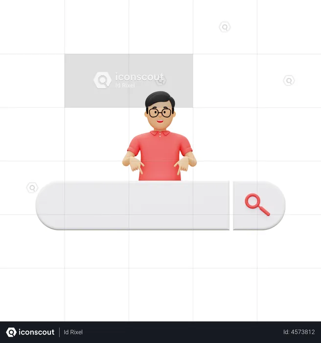 Suchleiste mit einem nach unten zeigenden Mann  3D Illustration