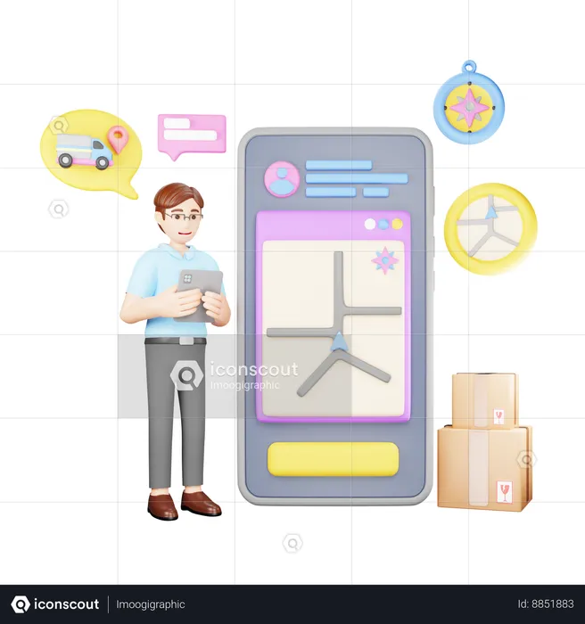 Homme suivant le lieu de livraison via une application mobile  3D Illustration
