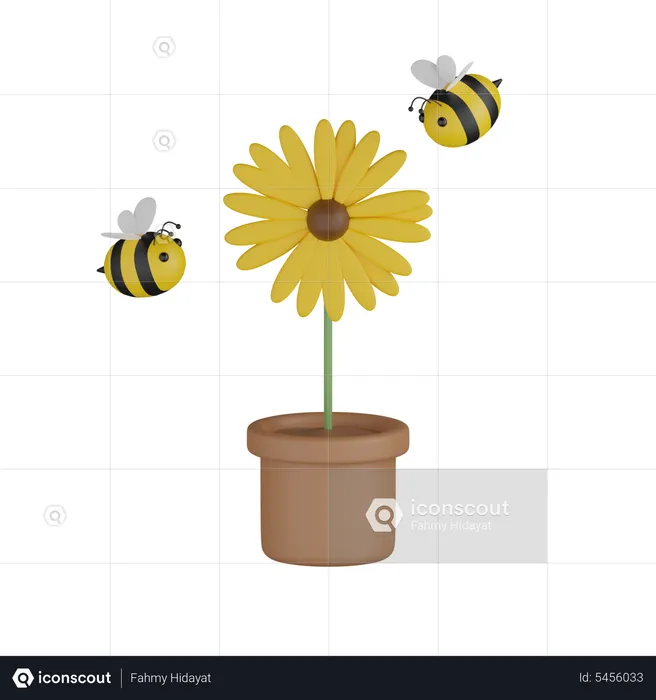 Sun Flower With Bee  3D Icon