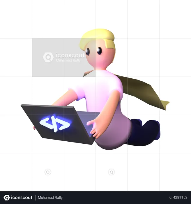 Programador de super-heróis trabalhando no laptop  3D Illustration