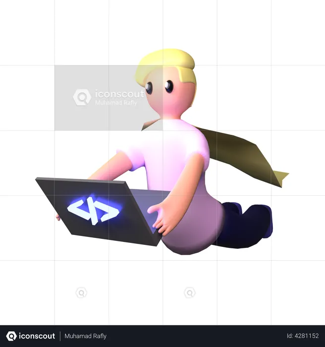 Superhero programmer working on laptop  3D Illustration