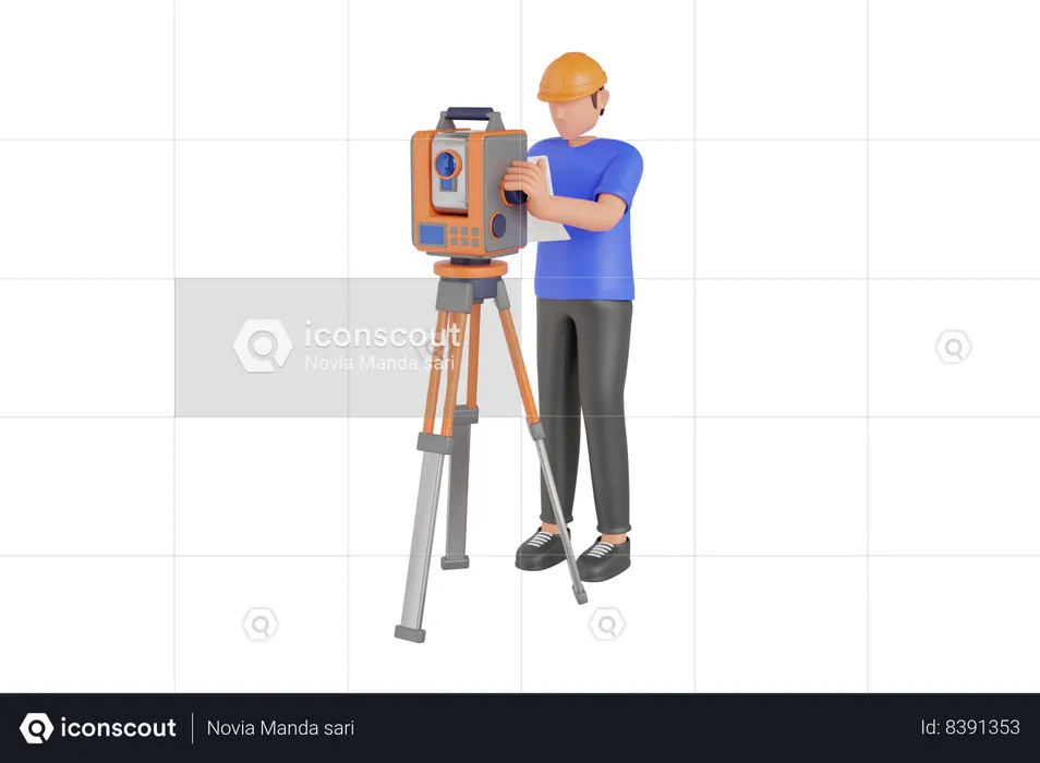 Surveyor Worker With Theodolite  3D Illustration