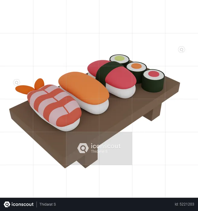 Sushi And Roll On A Wooden Table  3D Icon