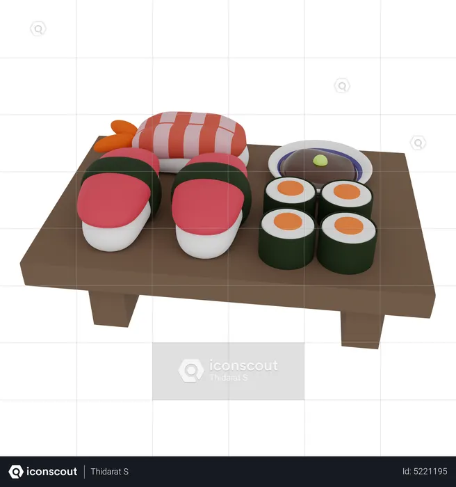 Sushi und Rolle auf einem Holztisch  3D Icon