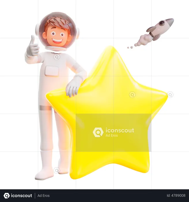 Süßer Astronaut stehend mit großem Stern  3D Illustration