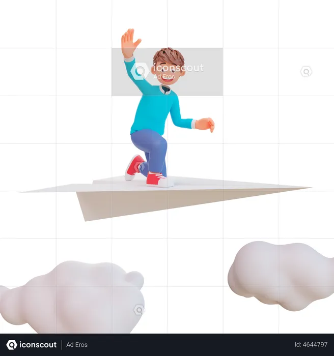 Netter Junge sitzt auf Papierflieger  3D Illustration