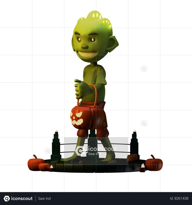 Swamp Thing With Scary Pumpkin  3D Illustration
