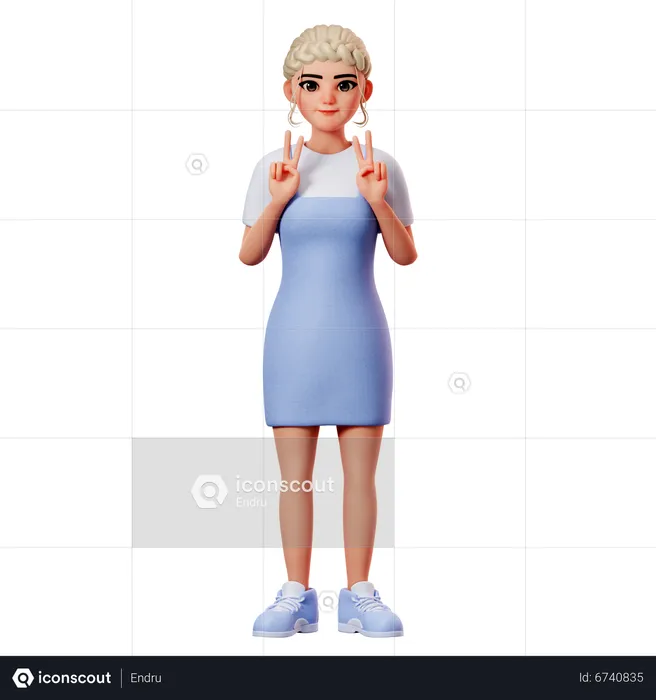 Sweet Female Showing Peace Gesture With Both Hand  3D Illustration