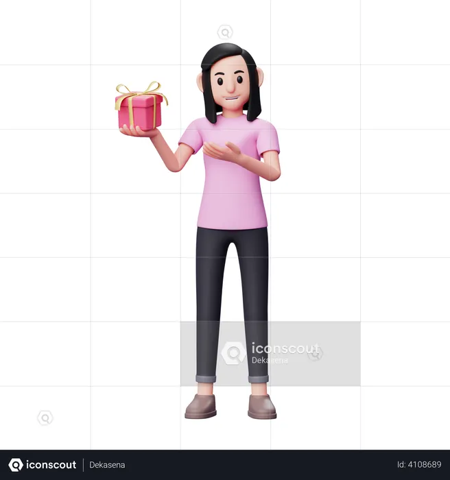 Sweet girl showing a small valentine gift he is holding with right hand  3D Illustration