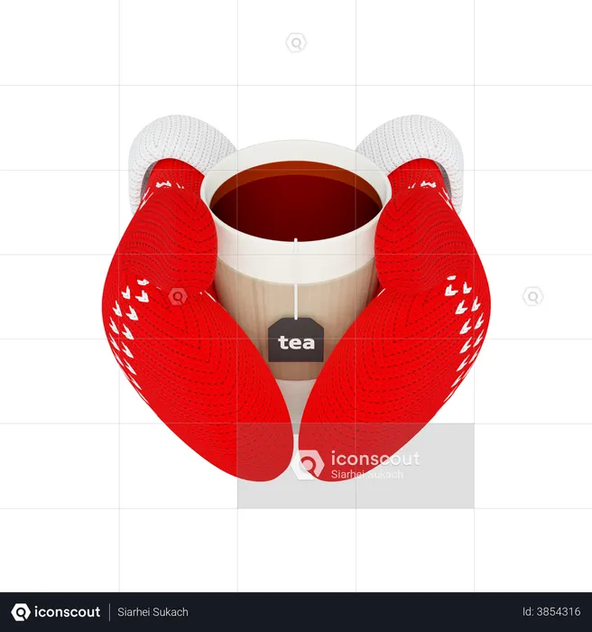 Tasse heißen Tee in gestrickten roten Fäustlingen  3D Illustration