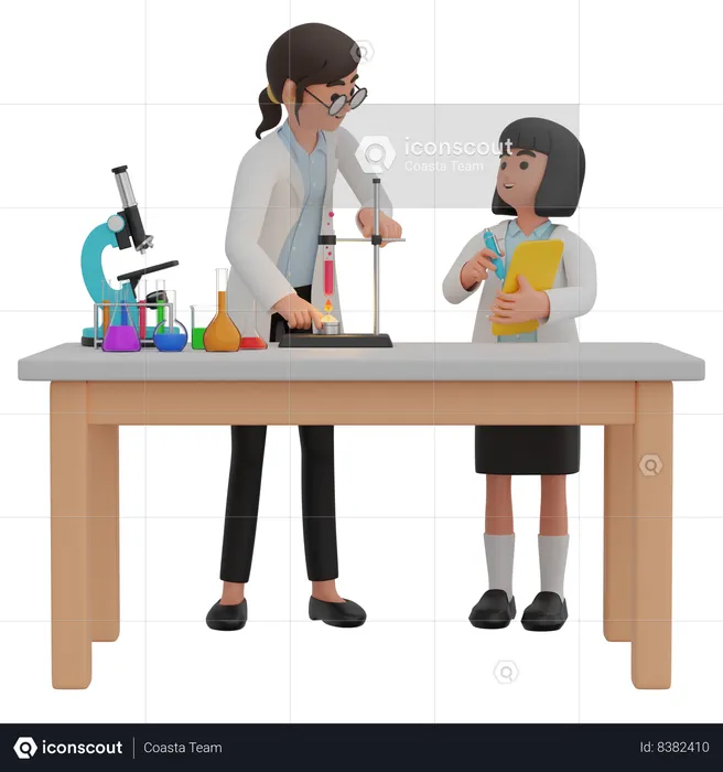 Teacher And Girl Record Results Of Experiment  3D Illustration