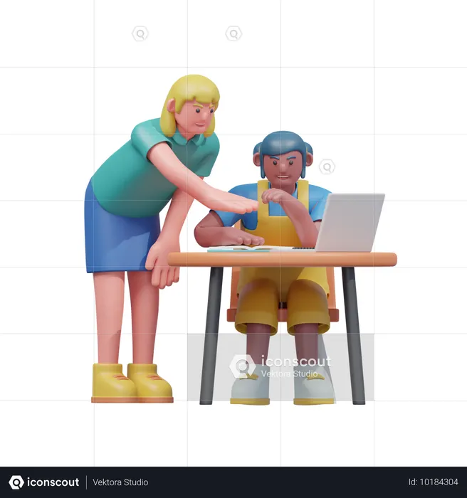 机で生徒を指導する教師  3D Illustration