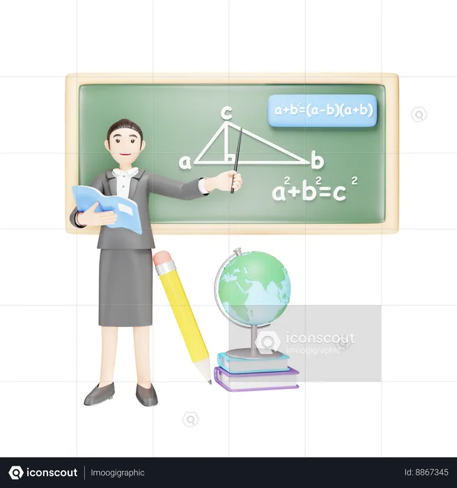 Teacher is solving mathematical sums on blackboard  3D Illustration