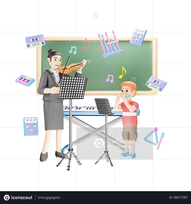 Teacher is teaching music to students  3D Illustration