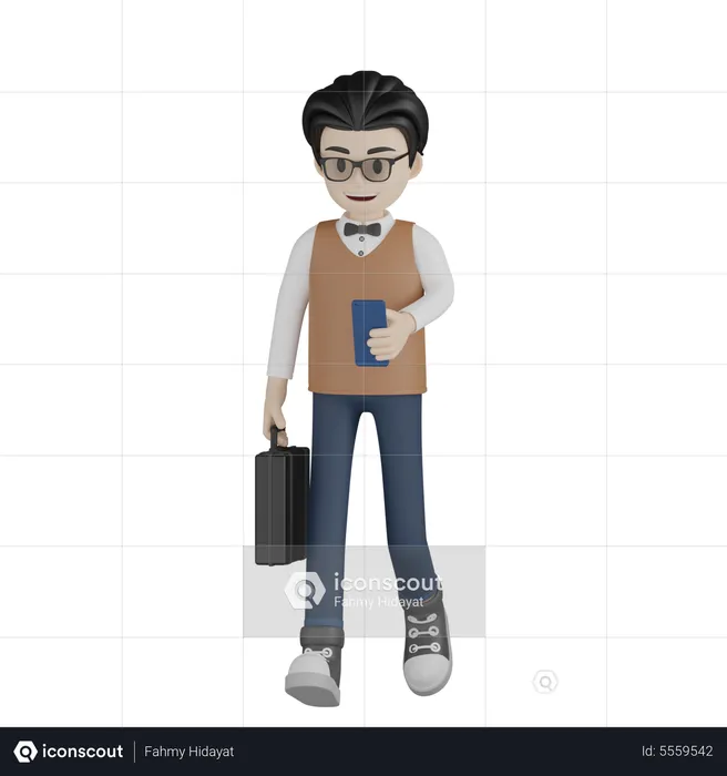 Teacher Walking And Check Mobile  3D Illustration