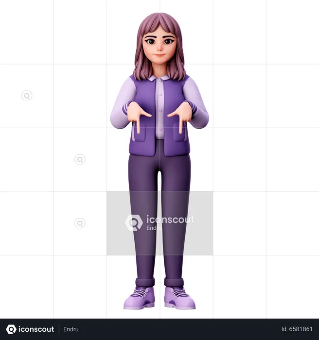 Teenage Girl Pointing Down Gesture  3D Illustration
