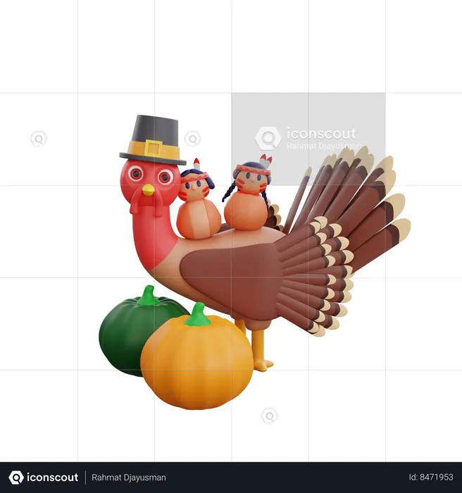 Dinde de pèlerinage de Thanksgiving à l'automne des citrouilles  3D Icon