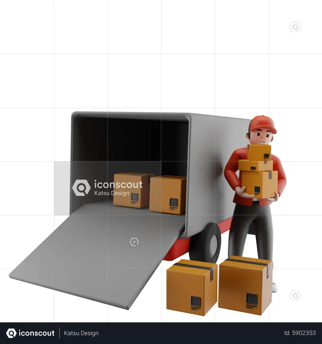 The courier is loading packages into the truck  3D Illustration