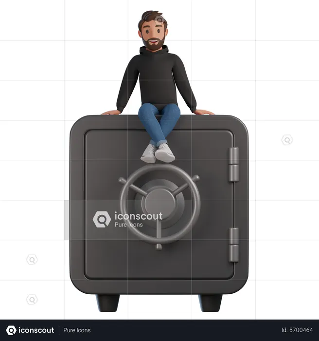 The man is sitting on the banksafe  3D Illustration
