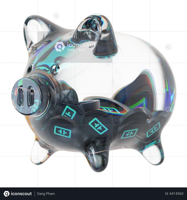 Theta Clear Glass Piggy Bank With Decreasing Piles Of Crypto Coins  3D Icon