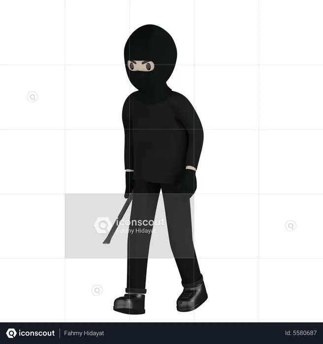 Thief Holding Steel Rod  3D Illustration